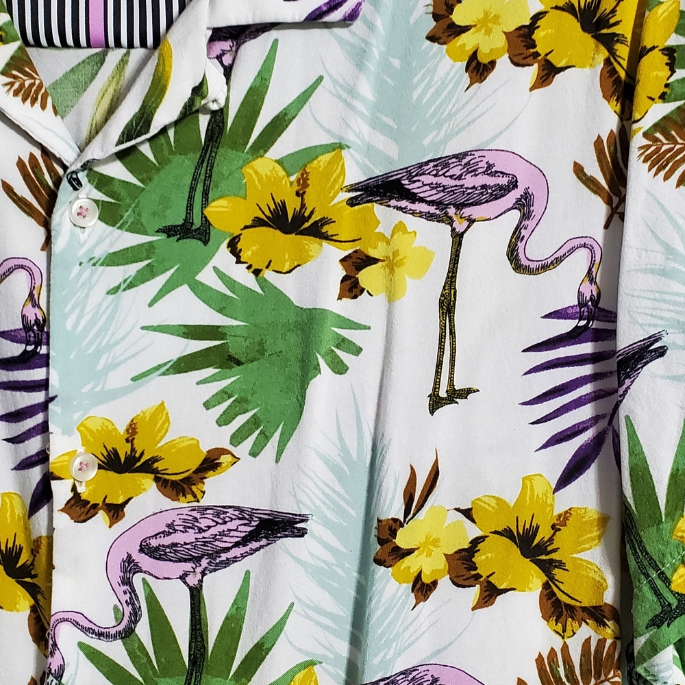 Denim & Flower Tropical Flamingo Men's Short Sleeve Button Down Shirt Size M - Picture 2 of 5